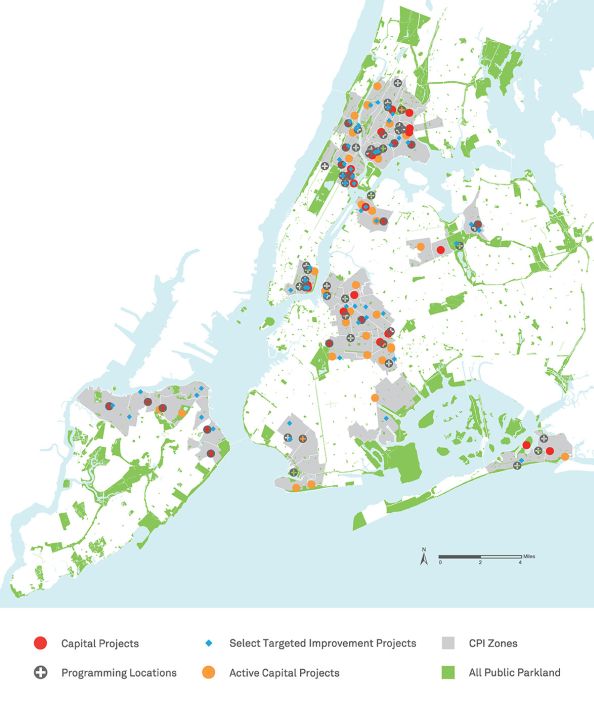 A map of from NYC Parks showing planned improvements to community parks.