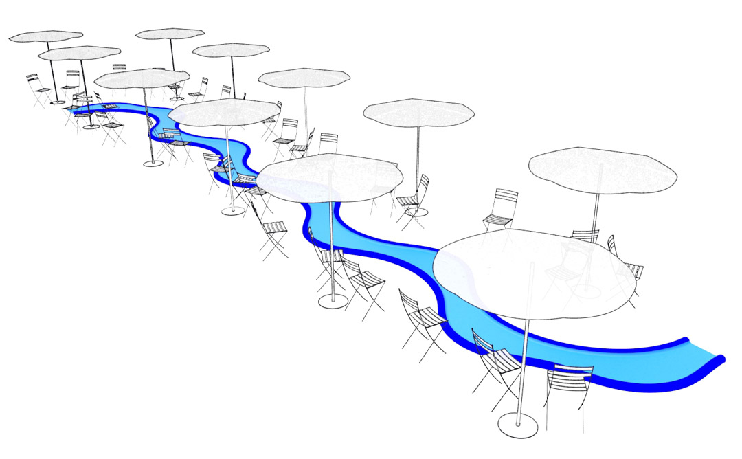 A rendering of a river-shaped fixture on the ground, chairs, and umbrellas.