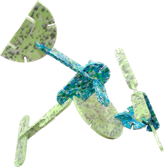 A photograph of a toy made out of blue and green recycled plastic 
