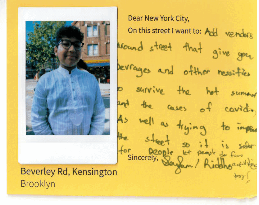 A moving image of yellow cards with a polaroid pictures and feedback (on what they want to see in this street) of various community members in the Kensington neighborhood of Brooklyn, NYC.