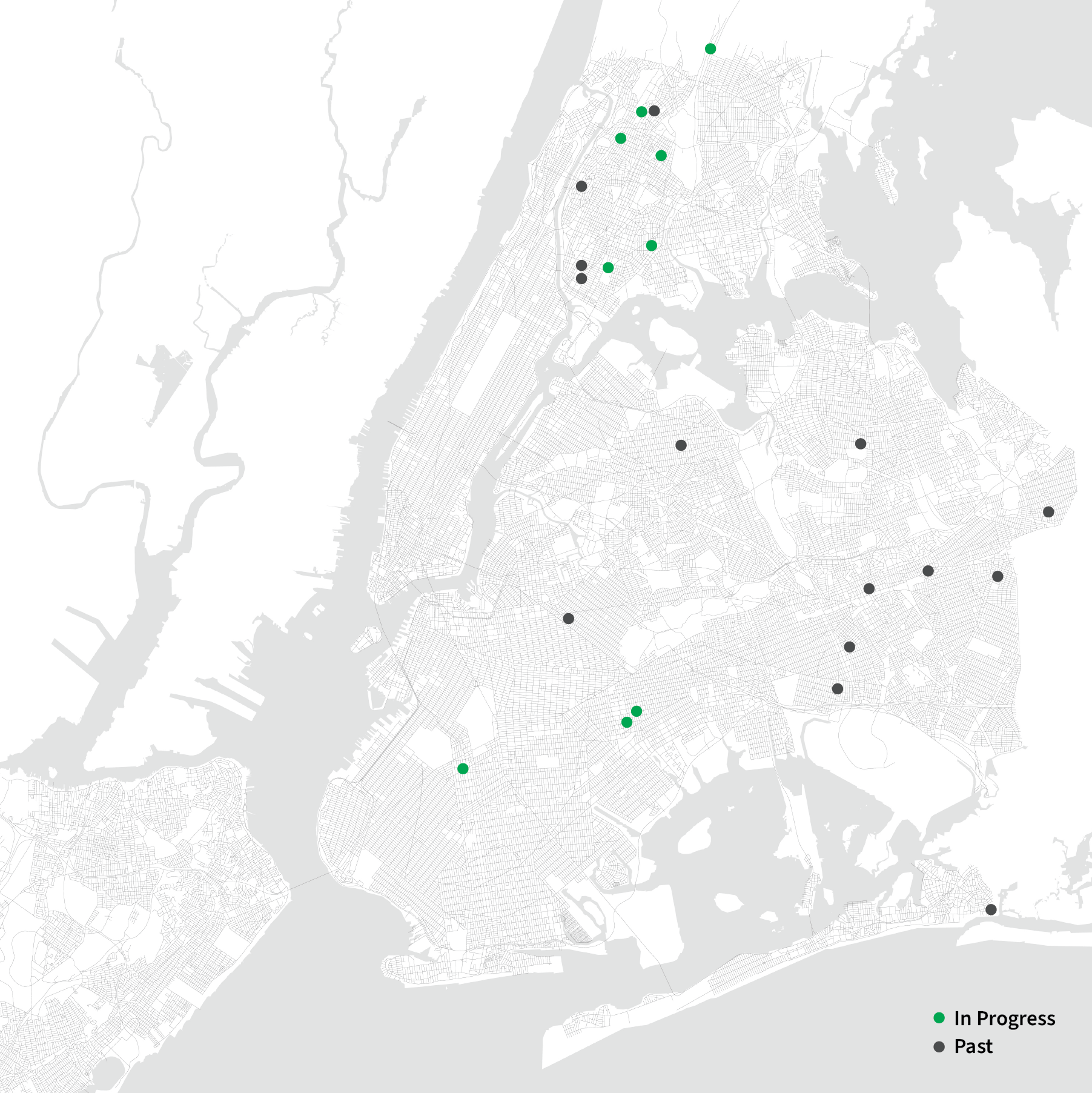 Map of NYC with green dots and black dots. The key indicates green dots are "In Progress" and black dots are "Previous."