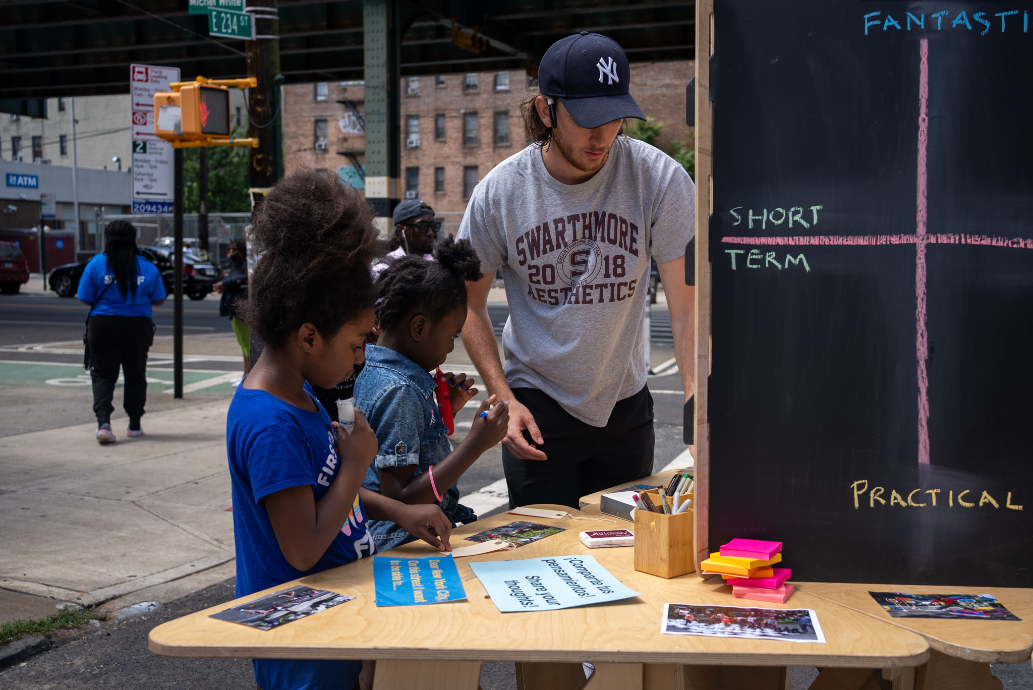 Group of people engaging in a community engagement activity. The signage reads "IMAGINE NYC E 234th St"