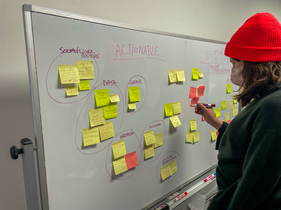 A woman working in front of a white board with post-its on it.