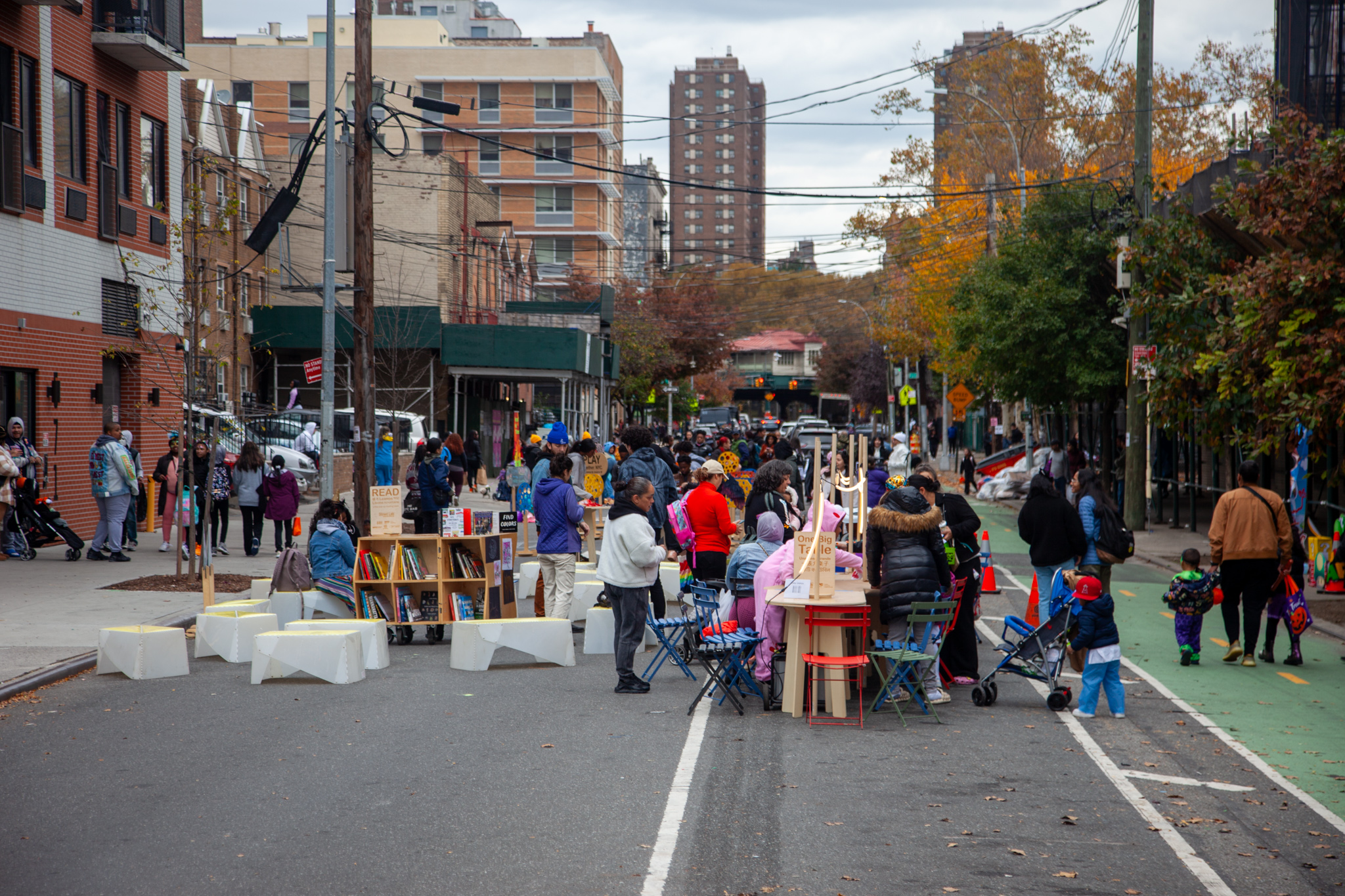 A view of a car-free open street in the Bronx, NYC on Halloween Day.