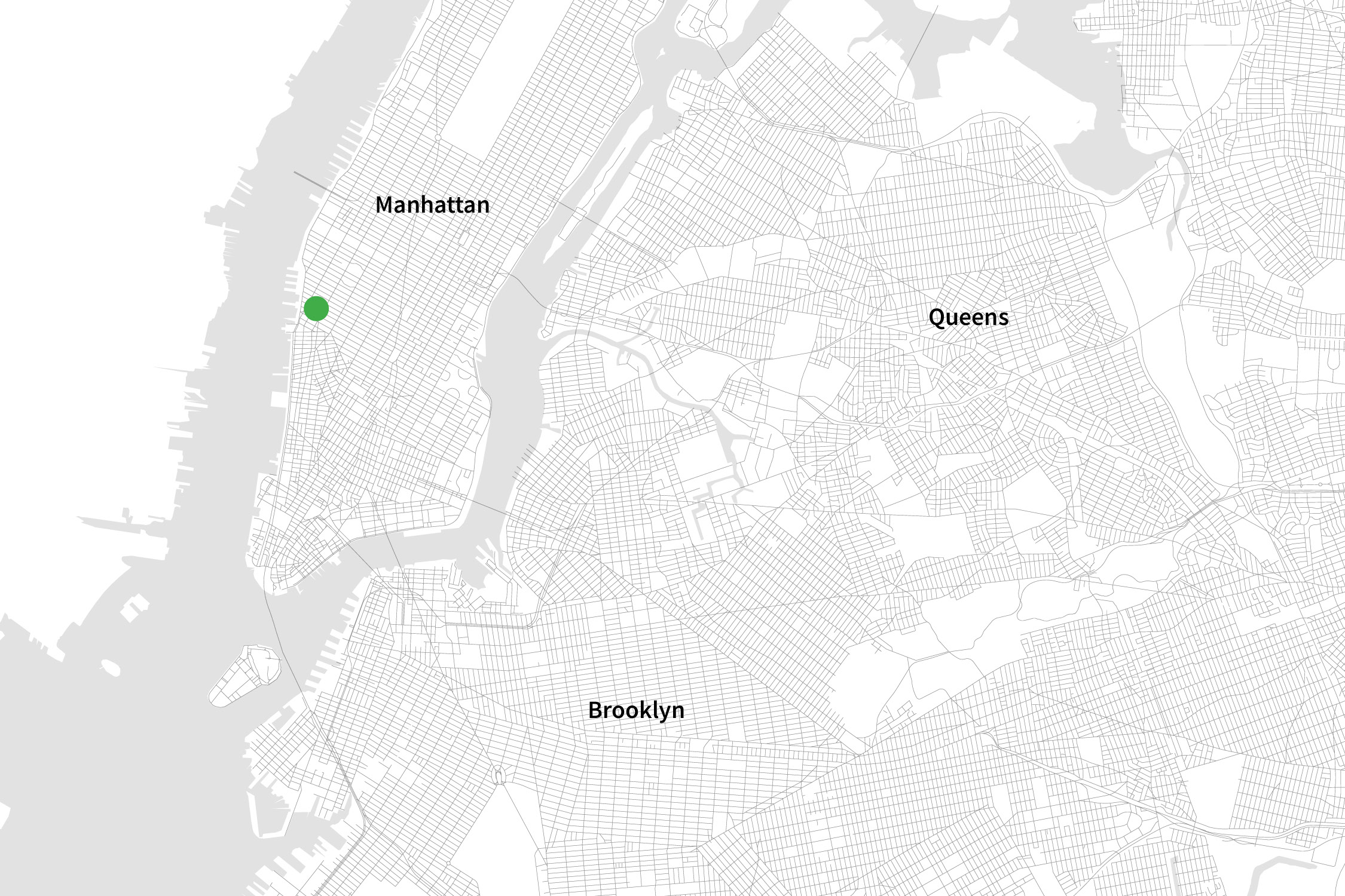 A black and white map of NYC zoomed in to only see some parts of  "Manhattan," "Queens" and "Brooklyn" with a green dot on a street in Manhattan.