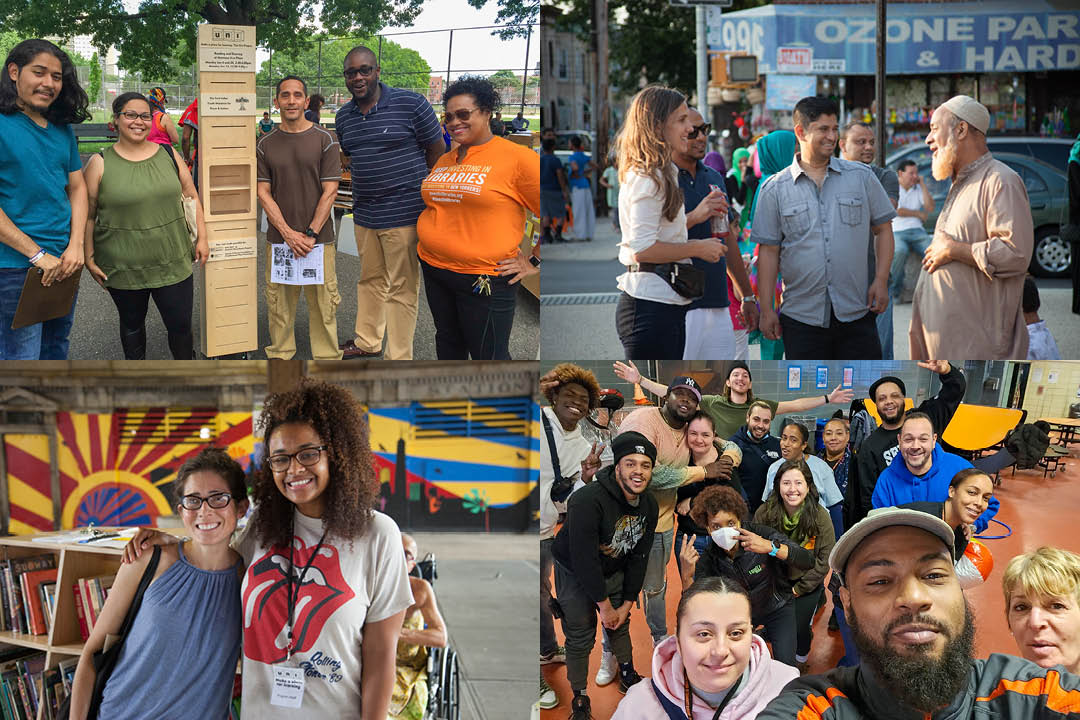 a collage of four photographs, with people smiling and talking to each other