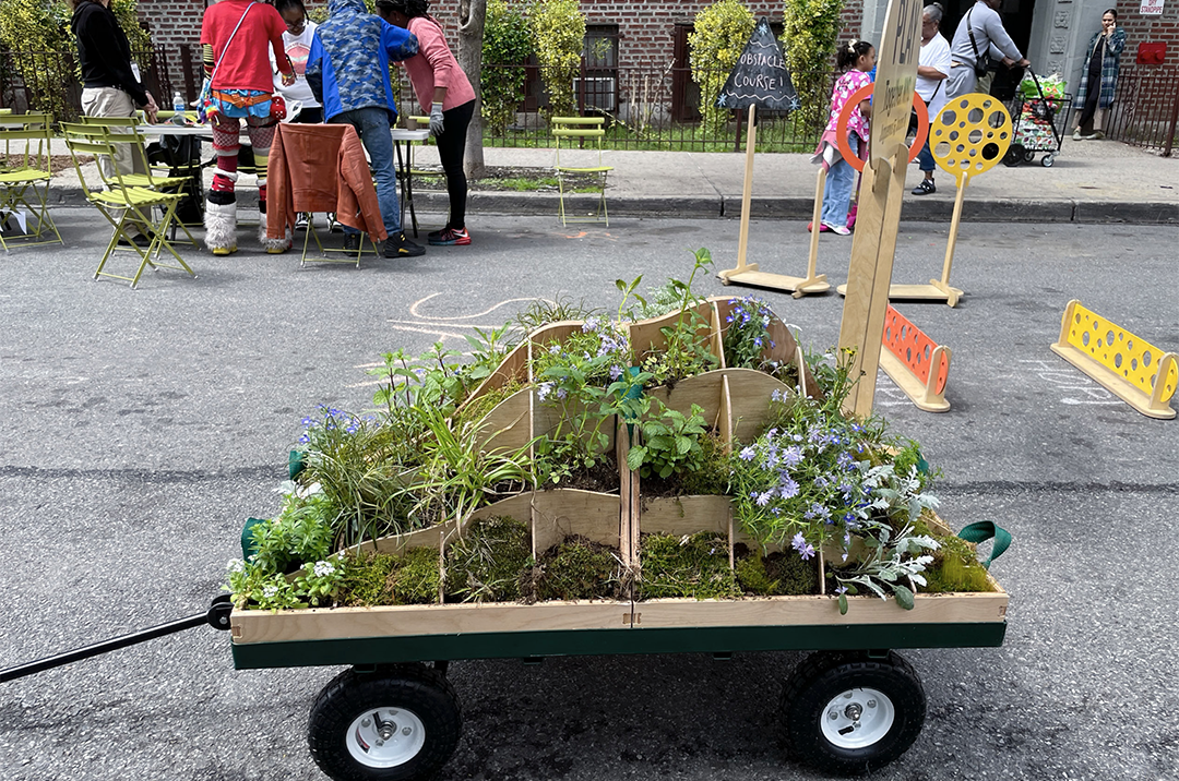A wooden cart full of plants standing on the street.