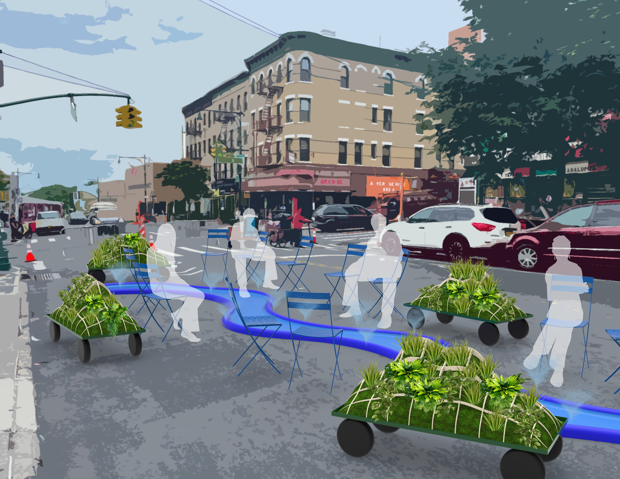 A rendering showing people sitting around blue river fixture and plant carts on the street.