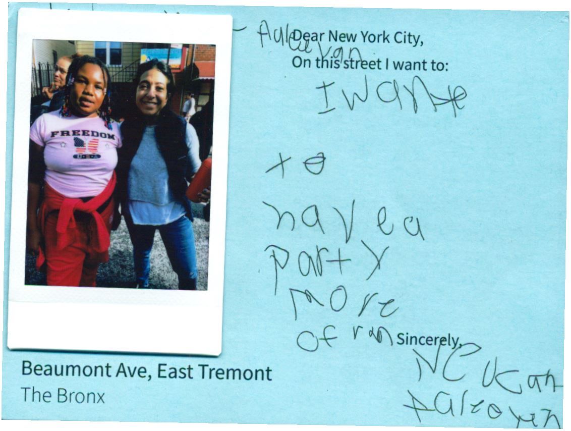 A blue card with a polaroid photo of two students on the left and text on the right that reads "Dear New York City, on this street I want to have a party more often."