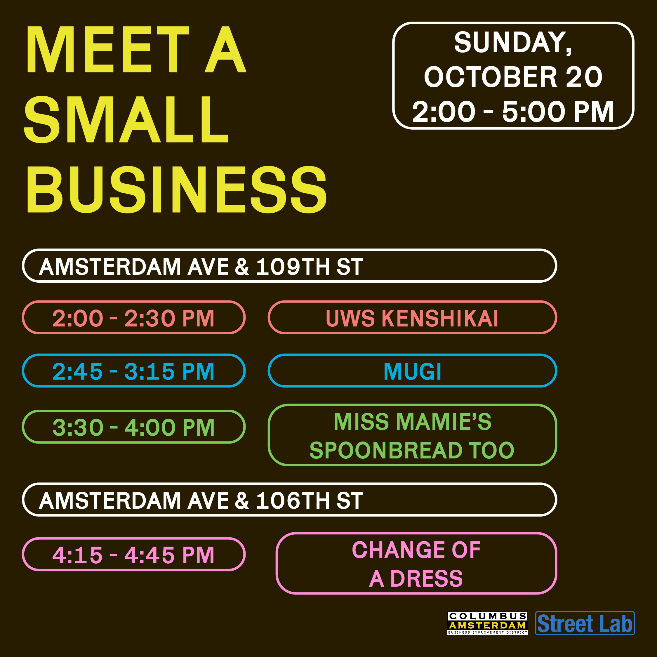 A schedule for a "Meet a Small Business" event