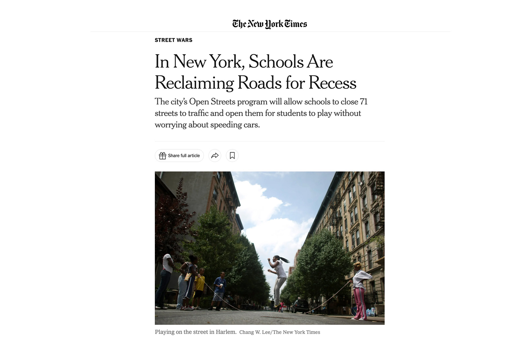 nytimes A screenshot of the New York Times article with the title, "In New York, Schools Are Reclaiming Roads for Recess"