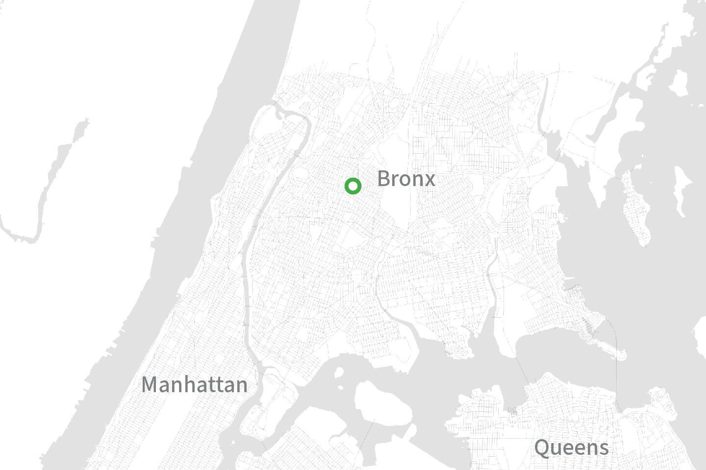 A map showing three NYC boroughs (Manhattan, Brooklyn, and Queens) with a dot in the Bronx.