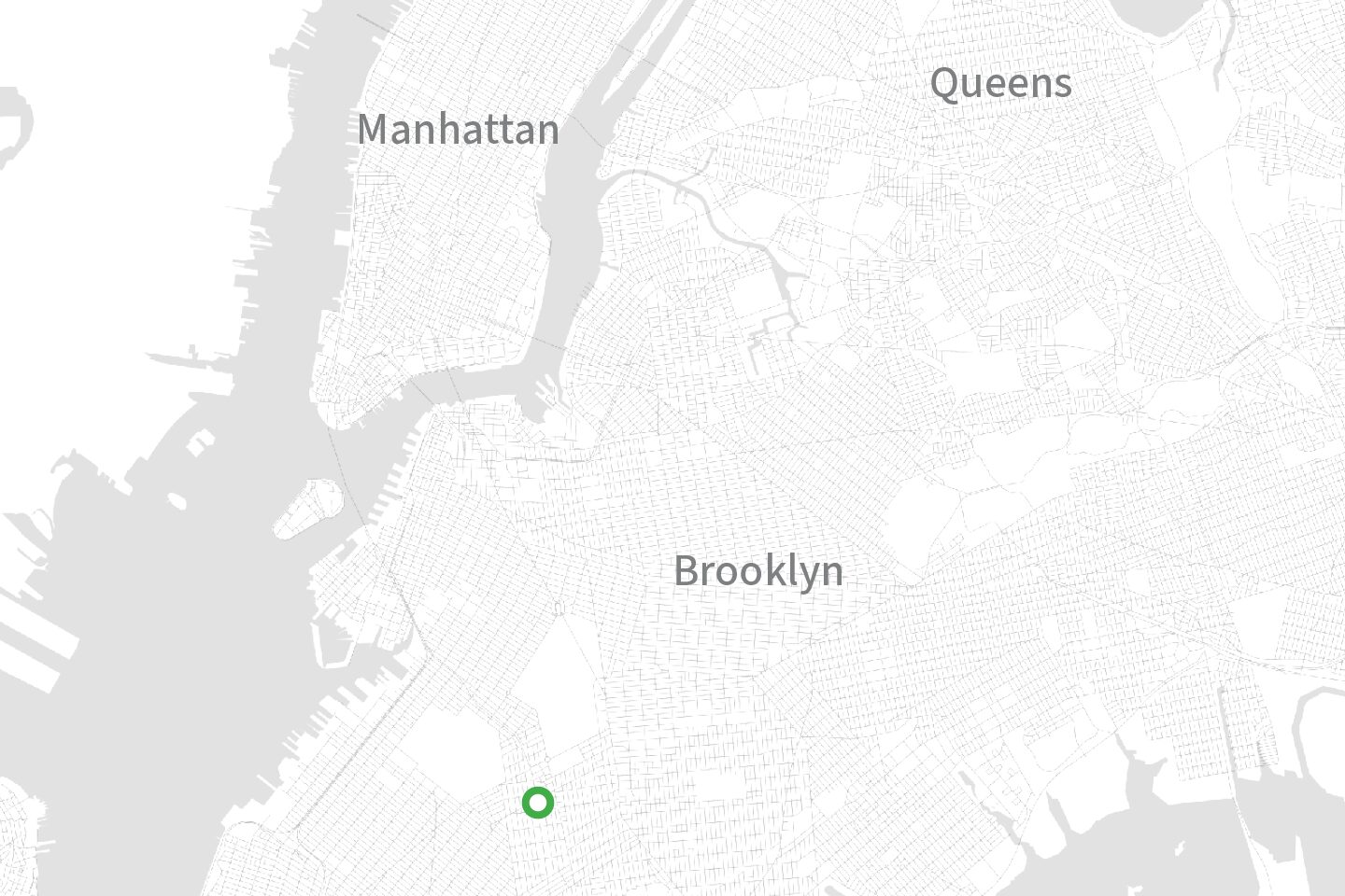 A map showing three NYC boroughs (Manhattan, Brooklyn, and Queens) with a dot in Brooklyn.