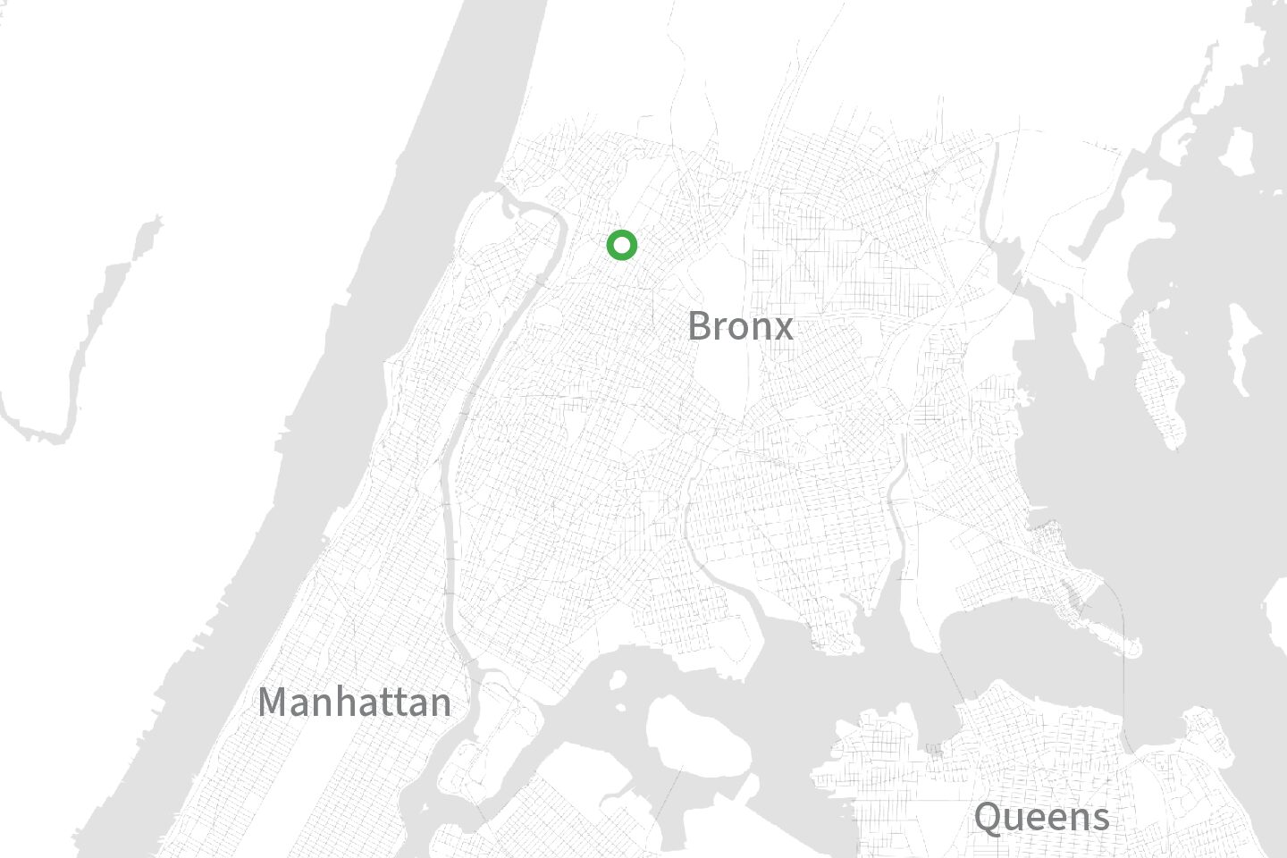 A map showing three NYC boroughs (Manhattan, Brooklyn, and Queens) with a dot in the Bronx.