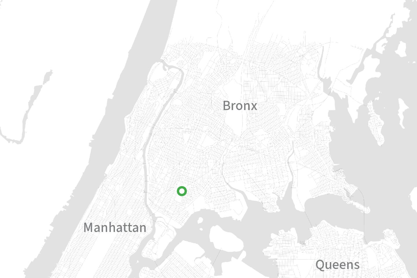 A map showing three NYC boroughs (Manhattan, Brooklyn, and Queens) with a dot in the Bronx.