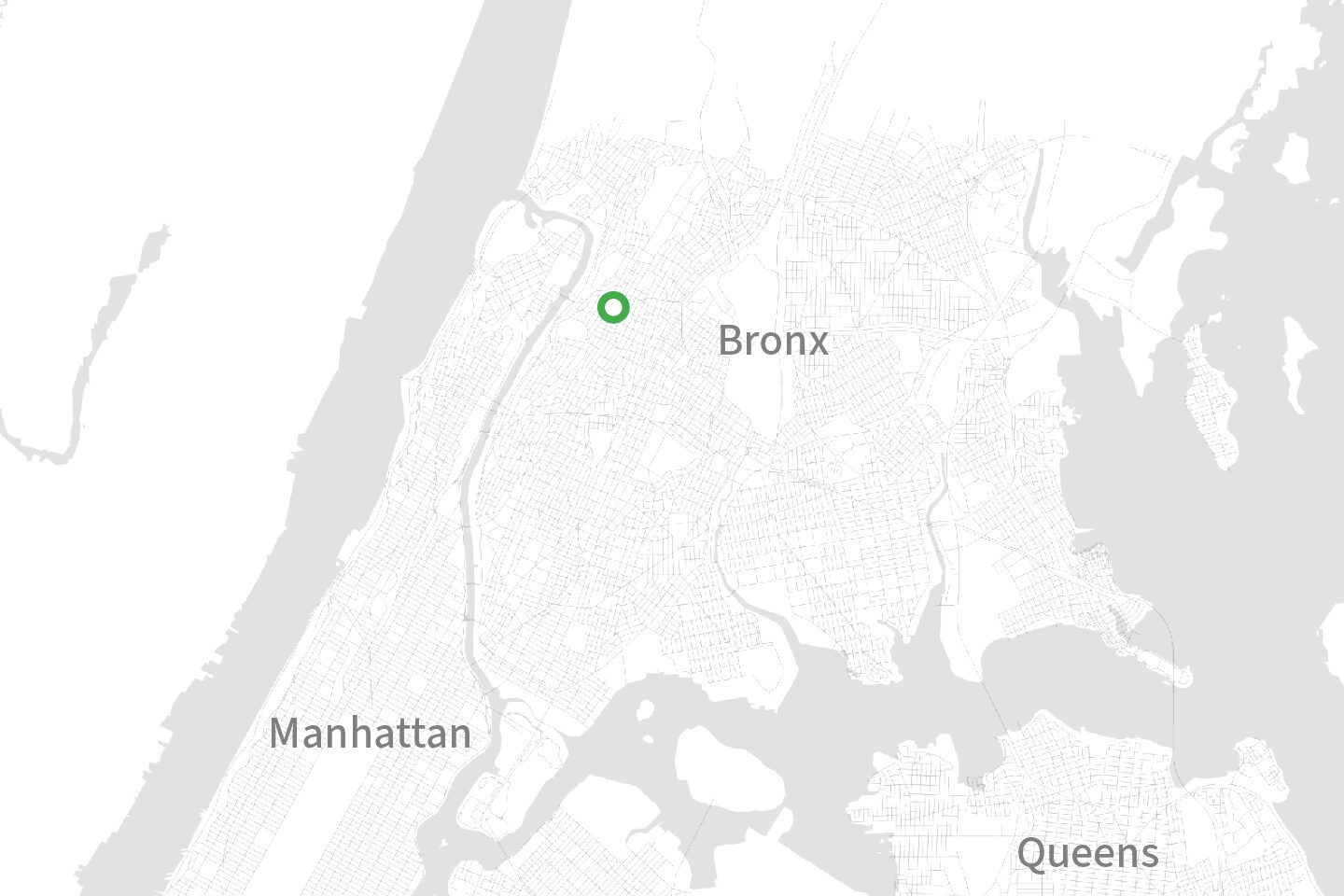A map showing three NYC boroughs (Manhattan, Brooklyn, and Queens) with a dot in the Bronx.