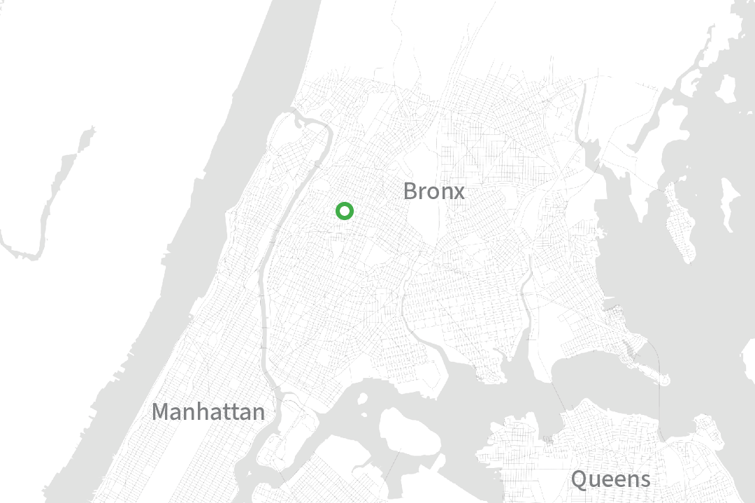 A map showing three NYC boroughs (Manhattan, Brooklyn, and Queens) with a dot in the Bronx.